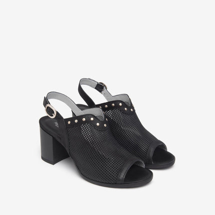 Nero Giardini Sandali Donna con Tacco in Pelle Nera Traforata - MARIO SPATARELLA