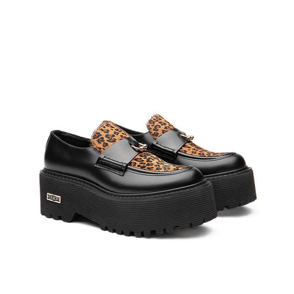Mocassini Cult Donna con Zeppa in Pelle Nero e Cavallino Animalier - MARIO SPATARELLA