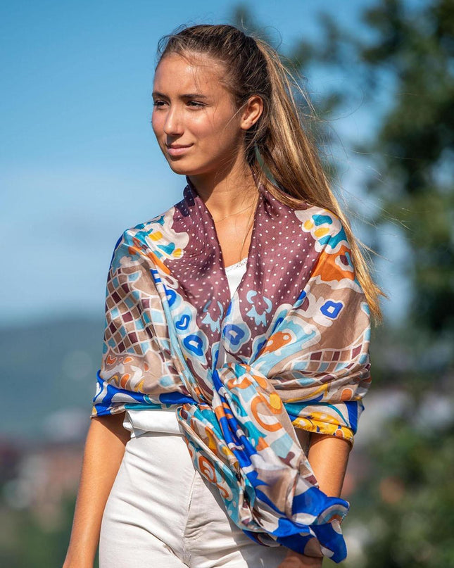 Foulard Pareo in Seta Stampa Marrone - MARIO SPATARELLA