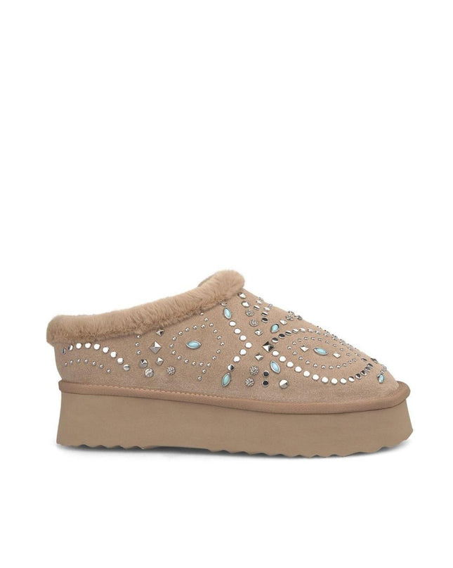 Sabot Donna Imbottite Fur con Borchie Beige - MARIO SPATARELLA