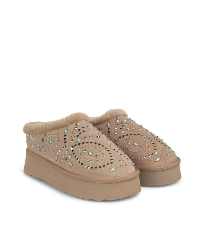 Sabot Donna Imbottite Fur con Borchie Beige - MARIO SPATARELLA