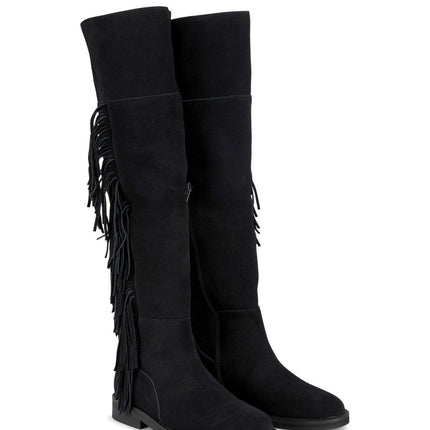 Stivali al Ginocchio con Frange Camoscio Nero - MARIO SPATARELLA