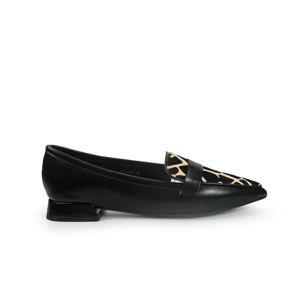 Mocassini Donna Tacco Basso in Pelle Nera e Cavallino Animalier YH03-02M BLACK ClaudV 