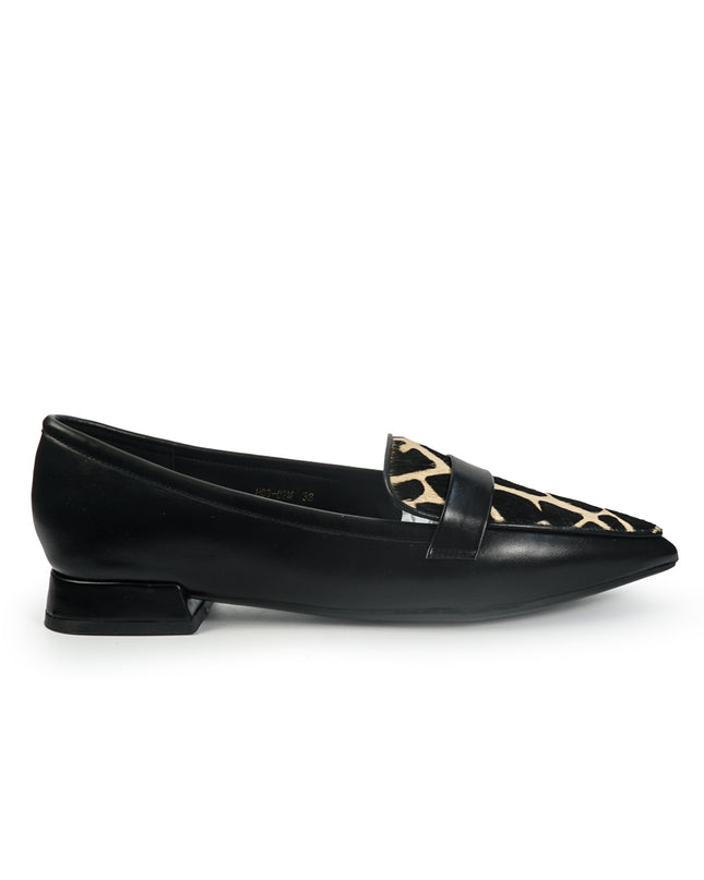 Mocassini Donna Tacco Basso in Pelle Nera e Cavallino Animalier YH03-02M BLACK ClaudV 