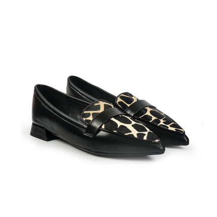 Mocassini Donna Tacco Basso in Pelle Nera e Cavallino Animalier YH03-02M BLACK ClaudV 