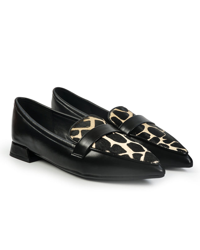 Mocassini Donna Tacco Basso in Pelle Nera e Cavallino Animalier YH03-02M BLACK ClaudV 