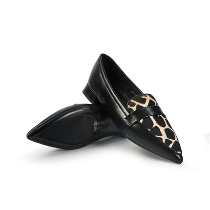 Mocassini Donna Tacco Basso in Pelle Nera e Cavallino Animalier YH03-02M BLACK ClaudV 