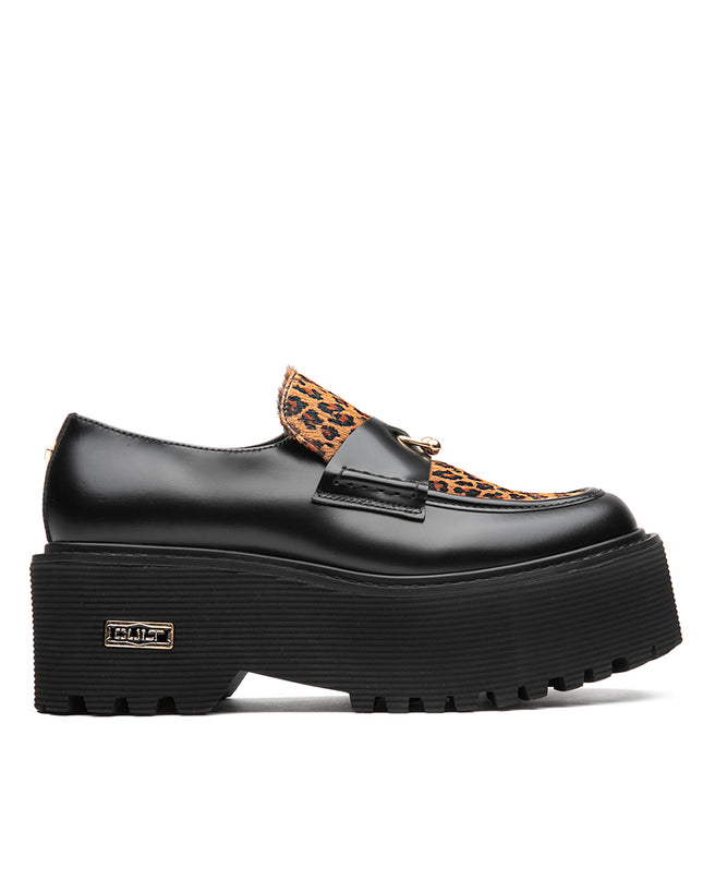 Mocassini Cult Donna con Zeppa in Pelle Nero e Cavallino Animalier CLW4538 AXL JAGUAR Cult 
