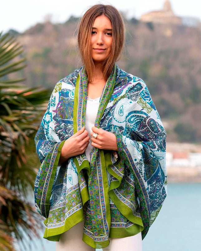 Foulard Pareo in Cotone Stampato Fantasia Verde CDT264C COTTON GREEN Colores de Otono 