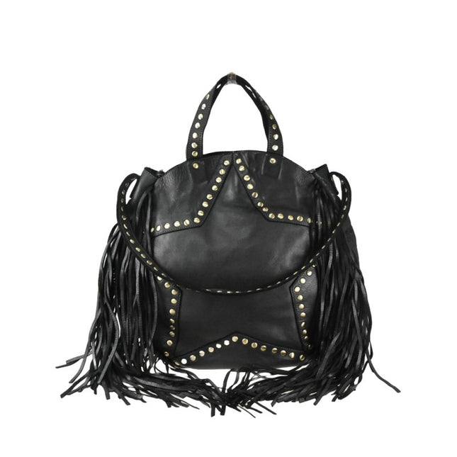 Borsa Vintage a Spalla con Frange e Borchioe in Pelle Nera SP ROCK BLACK Spatarella 