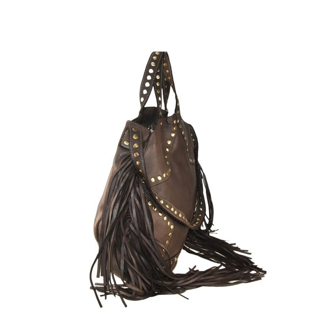 Borsa Vintage a Spalla con Frange e Borchioe in Pelle Moro SP ROCK BROWN Spatarella 