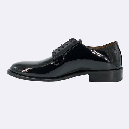 Stringata Uomo Elegante Sposo Cerimonia Vernice Nero Fondo Cuoio Cucito Derby Liscio PIANTA 6 VERNICE Rogal's 