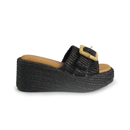 Exe Sandali Donna con Zeppa in Tessuto Nero 25001-2 RAFFIA BLACK Exe 
