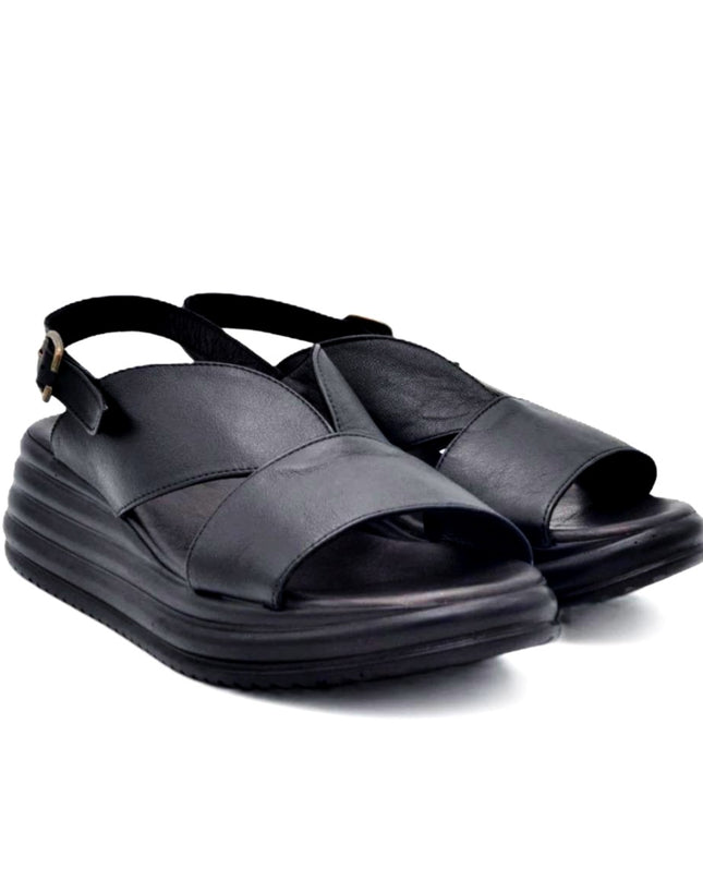 Bueno Sandali Donna con Zeppa in Pelle Nera E3202 BLACK Bueno 