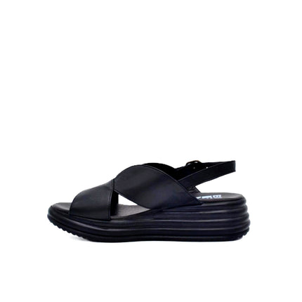 Bueno Sandali Donna con Zeppa in Pelle Nera E3202 BLACK Bueno 