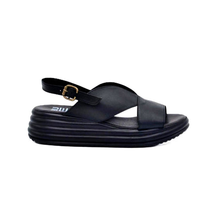 Bueno Sandali Donna con Zeppa in Pelle Nera E3202 BLACK Bueno 