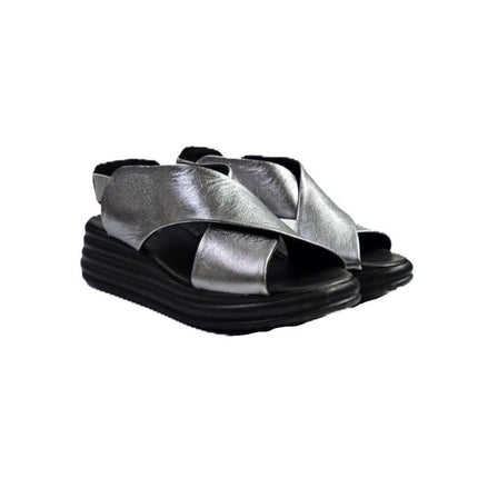 Bueno Sandali Donna con Zeppa in Pelle Laminato Grigio Y5703 OLD GUN Bueno 