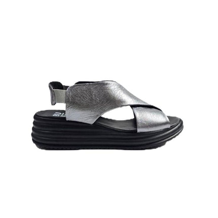 Bueno Sandali Donna con Zeppa in Pelle Laminato Grigio Y5703 OLD GUN Bueno 