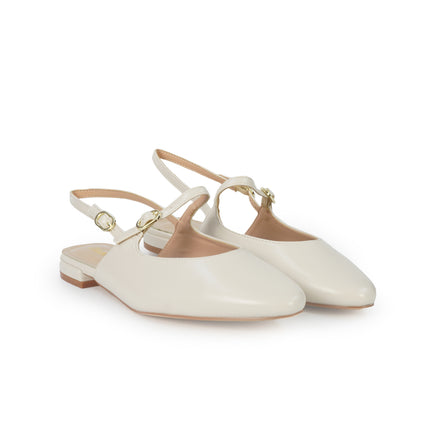 ClaudV Chanel Donna Sling Back Tacco Basso in Pelle Panna C05-01 PANNA ClaudV 