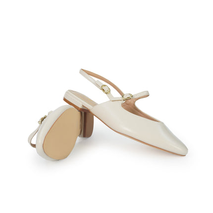 ClaudV Chanel Donna Sling Back Tacco Basso in Pelle Panna C05-01 PANNA ClaudV 
