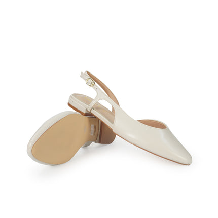ClaudV Chanel Donna Sling Back Tacco Basso in Pelle Panna C05-02 PANNA ClaudV 