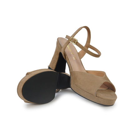 ClaudV Sandali Donna con Tacco e Plateau in Camoscio Beige Taupe G42-05 TAUPE ClaudV 