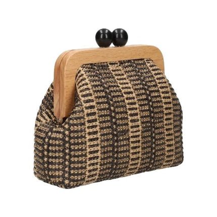 Exe Borsa Pochette Donna a Mano e Tracolla in Tessuto Nero Beige M003 RAFFIA 3 Exe 