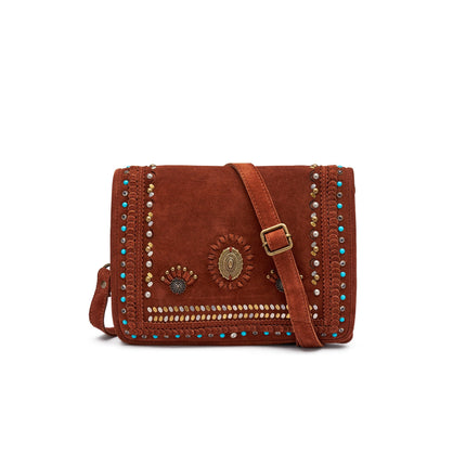 Frau Borsa Donna Borchiata con Tracolla in Camoscio Cuoio B934 VELOUR Frau 