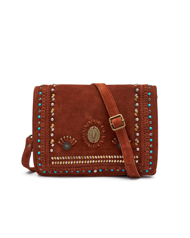 Frau Borsa Donna Borchiata con Tracolla in Camoscio Cuoio B934 VELOUR Frau 