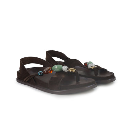 Inuovo Sandalo Donna Infradito con Pietre e Plantare Anatomco in Camoscio Mogano Moro 36014 SUEDE Inuovo 