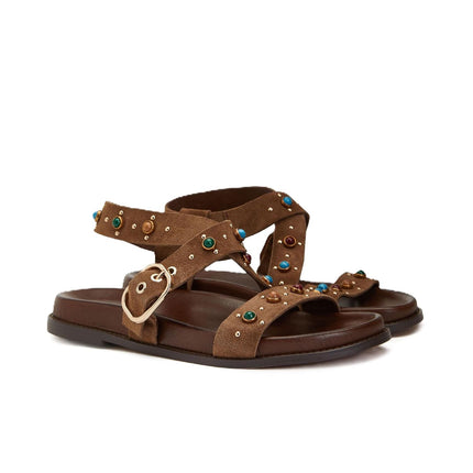 Inuovo Sandalo Donna con Pietre Multicolor in Camoscio Sigaro 51047 CAMOSCIO Inuovo 