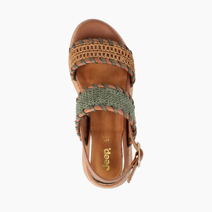 Jeep Sandalo Donna con Zeppa Sughero Verde Multi KARINA RAFFIA MILITARY Jeep Footwear 