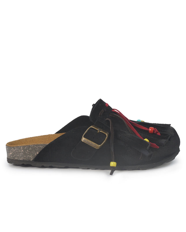 Jiudit Sandalo Plantare Donna Bio Sabot con Frange in Camoscio Nero Multicolor J185 BLACK Jiudit 