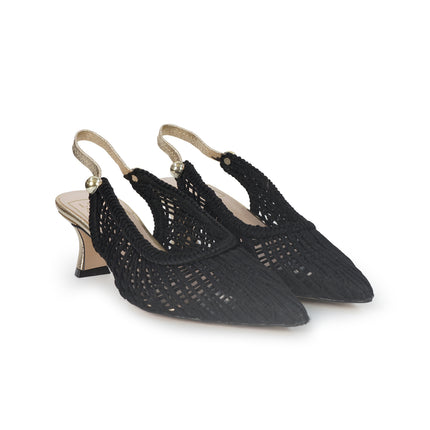 Luis Anne Chanel Mary Jane Slingback Kitten Heel in Tessuto Nero Oro 3833/R TULIPANO NERO Luis Anne 