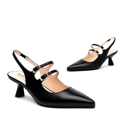 NeroGiardini Chanel Mary Jane Slingback Kitten Heel in Pelle Nera E615410DE NERO 100 Nero Giardini 