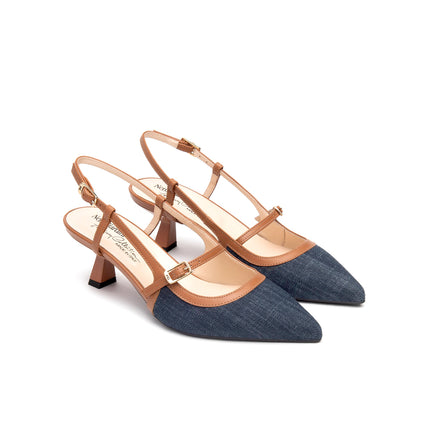 NeroGiardini Mary Jane Slingback Kitten Heel a Punta in Pelle e Denim E615470D JEANS 214 Nero Giardini 