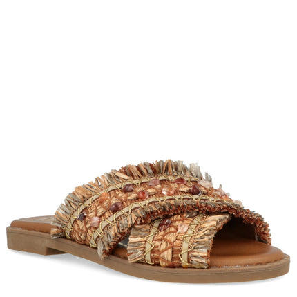 O-Joo Sandalo Flat Donna in Tessuto con Pietre Sabbia MILEY CROSS NATURAL O-JOO 