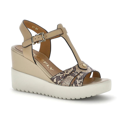 Stonefly Sandali Donna con Zeppa in Pelle Beige Animalier 223867 ELY 4 DUST BROWN Stonefly 