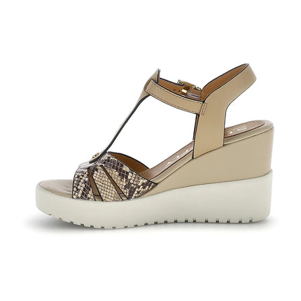 Stonefly Sandali Donna con Zeppa in Pelle Beige Animalier 223867 ELY 4 DUST BROWN Stonefly 