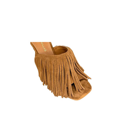 Tsakiris Mallas Sandalo Sabot Donna con Tacco e Frange in Camoscio Cuoio SELENA 623 TAN Tsakiris Mallas 