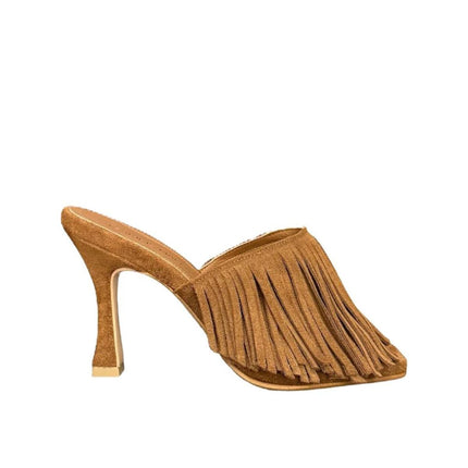 Tsakiris Mallas Sandalo Sabot Donna con Tacco e Frange in Camoscio Cuoio SELENA 623 TAN Tsakiris Mallas 
