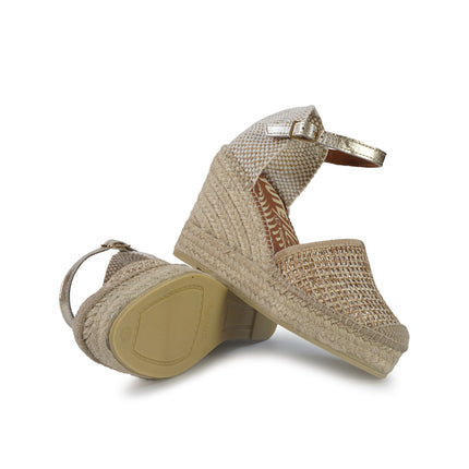 Viguera Espadrillas Alpargatas Donna con Cinturino in Pelle eTessuto Beige Multi 2304 LENOR ORO Viguera 