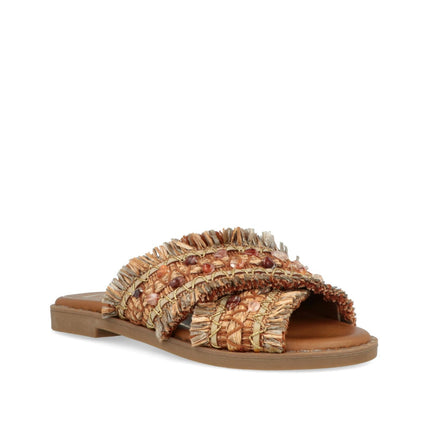 O - Joo Sandalo Flat Donna in Tessuto con Pietre Sabbia - MARIO SPATARELLA