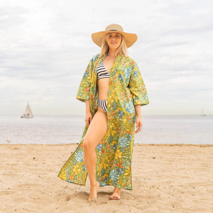 Kimono Caftano in Cotone CWK48 TROPICAL FLORAL Linen 