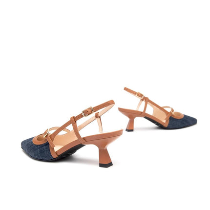 NeroGiardini Chanel a Punta in Pelle e Denim con Tacco Rocchetto - MARIO SPATARELLA