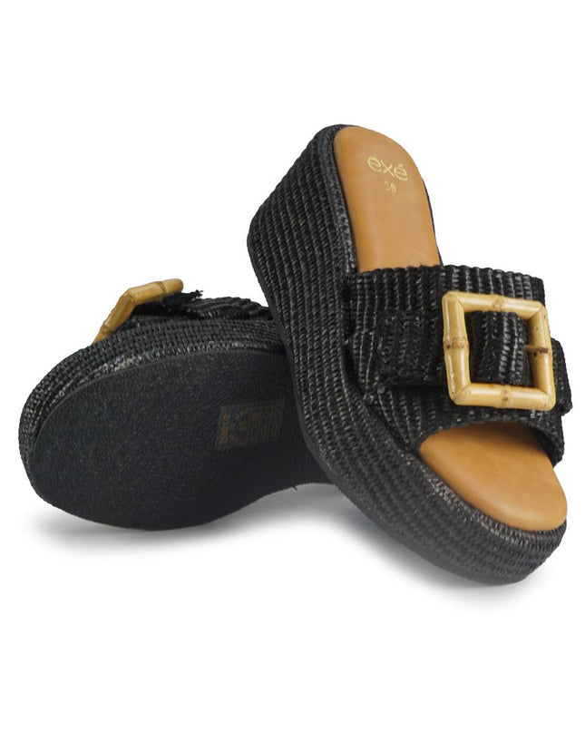 Exe Sandali Donna con Zeppa in Tessuto Nero 25001-2 RAFFIA BLACK Exe 