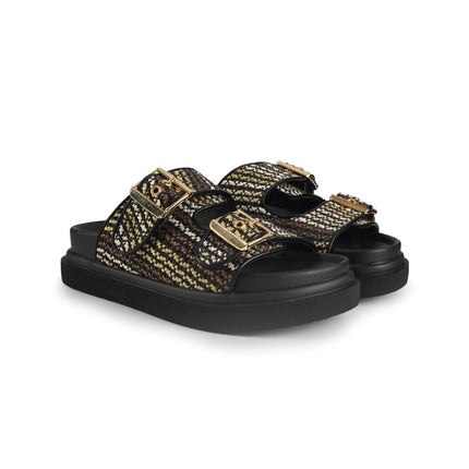 Exe Sandali Donna 2 Fibbie con Plantare in Tessuto Beige Nero HS53023 RAFFIA BEIGE Exe 