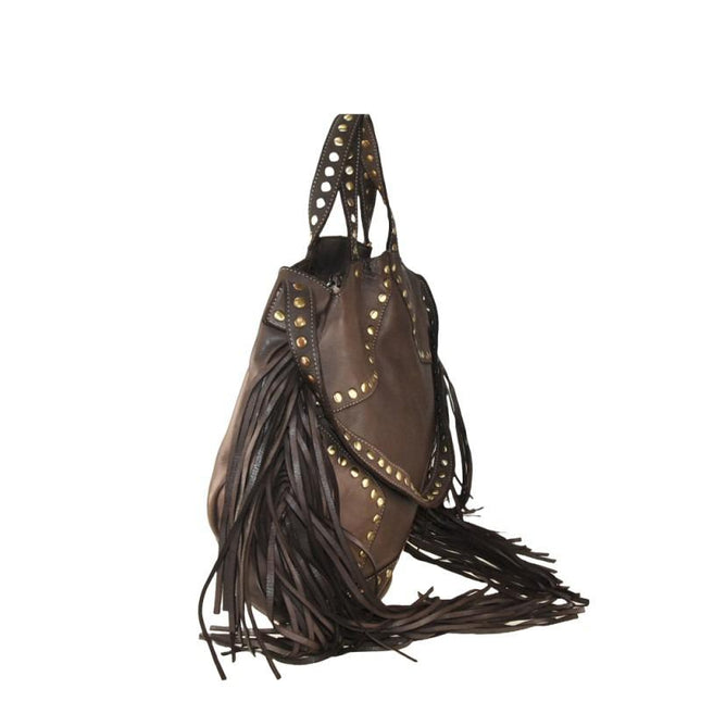 Borsa Vintage a Spalla con Frange e Borchioe in Pelle Moro SP ROCK BROWN Spatarella 