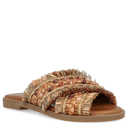 O-Joo Sandalo Flat Donna in Tessuto con Pietre Sabbia MILEY CROSS NATURAL O-JOO 