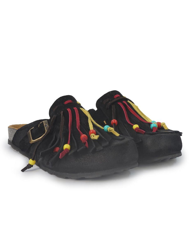 Jiudit Sandalo Plantare Donna Bio Sabot con Frange in Camoscio Nero Multicolor J185 BLACK Jiudit 